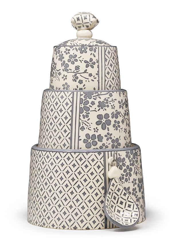 Mandy Henebry’s Stacking canisters, 11 in. (28 cm) in height, stoneware clay body with gray-colored clay, fired to cone 5 in oxidation, 2023.