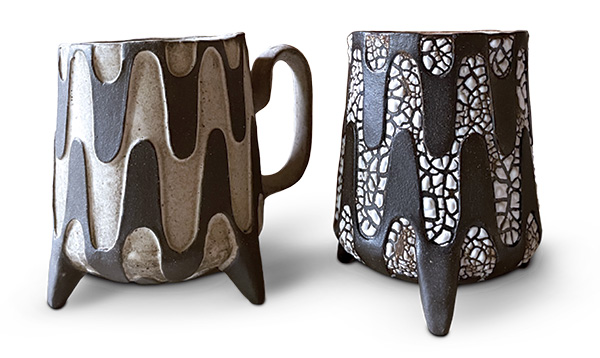 Brenton Duhan’s Squiggle mugs, 5 in. (13 cm) in width (each), slab-built stoneware, fired to cone 6 in oxidation, 2023.
