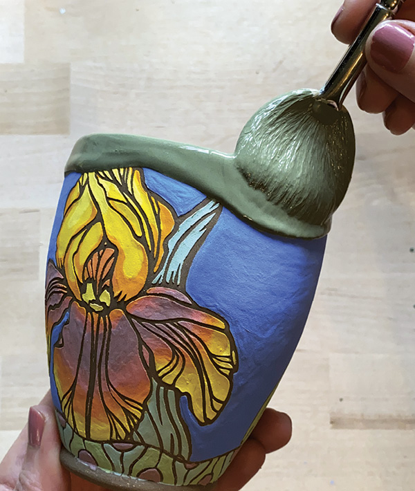 16 After bisque firing to cone 04, add three coats of glaze to the lip and interior. Once dry, glaze fire to cone 5.