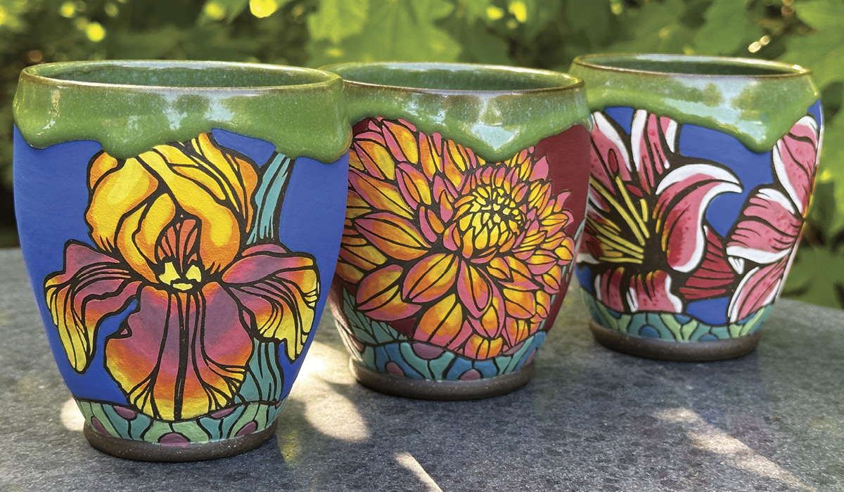 Ellen Duvall's Iris, Dahlia, Stargazer, to 4 in. (10.2 cm) in height, stoneware, underglaze, glaze, fired to cone 5.