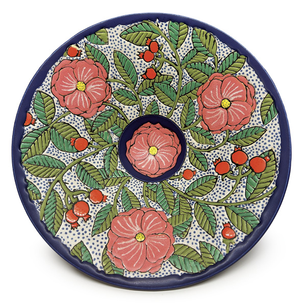 Leslie Messersmith's Maine Beach Roses, 8.5 in. (21.6 cm) in diameter, commercial satin glazes, fired to cone 5–6, 2024.