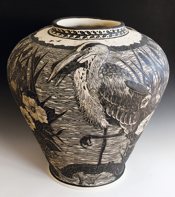 Marret Metzger's Wetland Vase (front), 22 in. (55.9 cm) in width, white stoneware, coil built, once fired in oxidation to cone 5. All pieces created at Red Lodge Clay Center, Red Lodge, Montana.