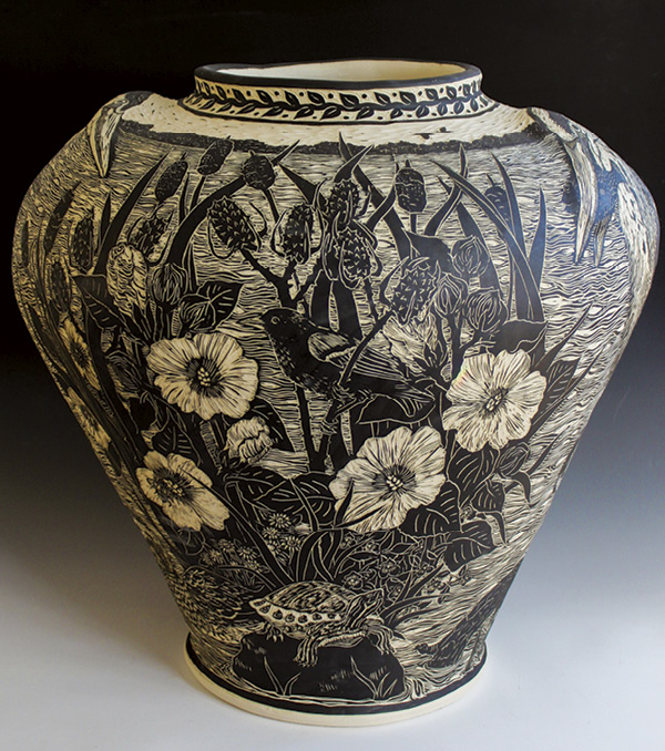 Marret Metzger's Wetland Vase (back), 22 in. (55.9 cm) in width, white stoneware, coil built, once fired in oxidation to cone 5. All pieces created at Red Lodge Clay Center, Red Lodge, Montana.