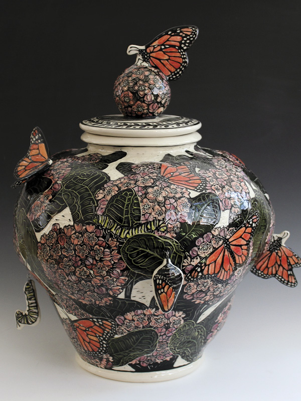 Marret Metzger's Monarch Life Cycle Jar, 12 in (50.8 cm) in height, porcelain, coil built, fired in oxidation to cone 6.