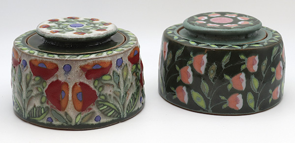 Marissa Y Alexander's salt cellars, to 4½ in. (11.4 cm) in diameter, cone-6 red stoneware, various trailed glazes, fired in oxidation to cone 5, 2025.
