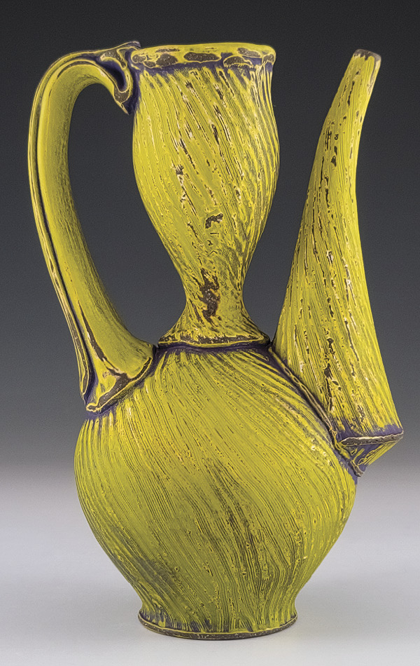 Eric Botbyl's Ewer, 8½ in. (21.6 cm) in height, thrown-and-altered dark stoneware, underglazes, glaze, fired to cone 6, 2025.