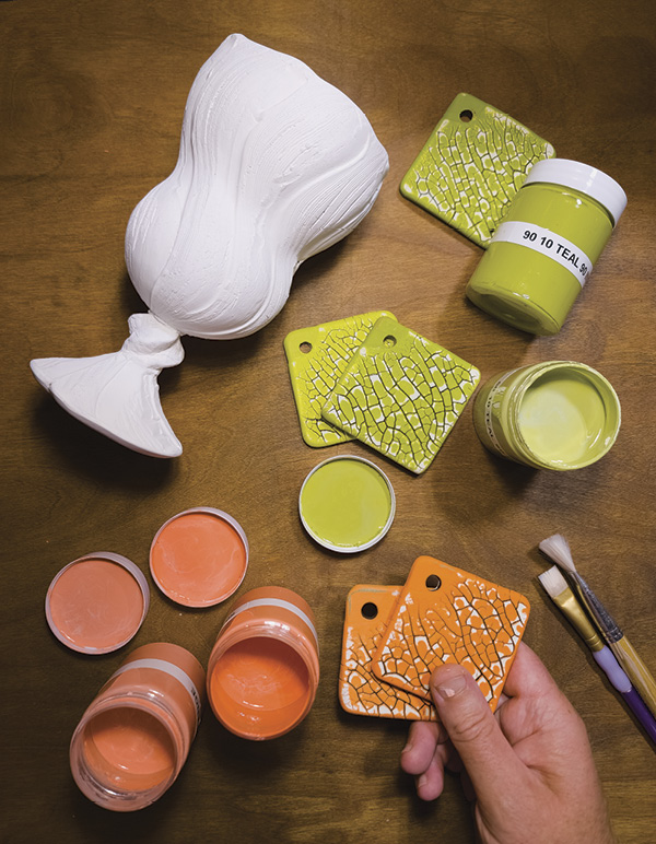 7 Selection of reference tiles and mixed underglazes for a base palette.