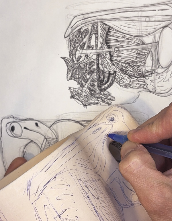 2 Draw the design on the pot with a cheap blue ballpoint pen.