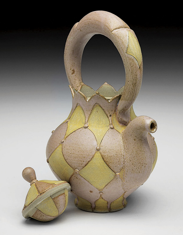 Lucy Be's Teapot, 9½ in. (24 cm) in height, stoneware, colored slip, fired in oxidation to cone 10, 2026. Photo: Lauren Kemp.