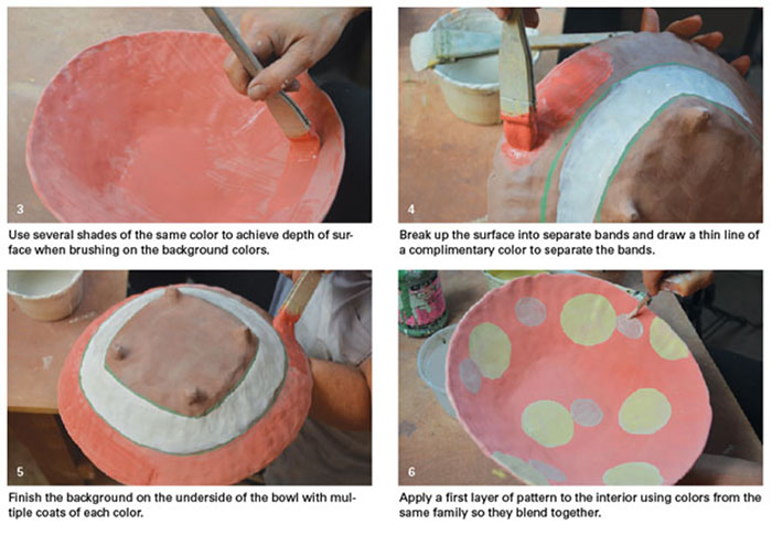 Nancy Gardner decorating a bowl, steps 3-6