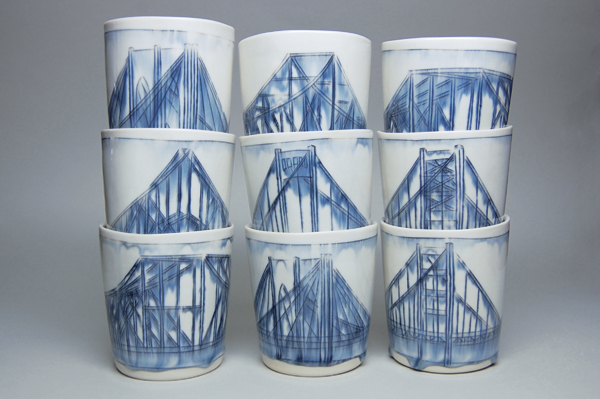 5 Bridge whiskey cups, 3¼ in. (8 cm) in height, slip-cast porcelain, underglaze mishima decoration, glaze, fired to cone 10, 2014.