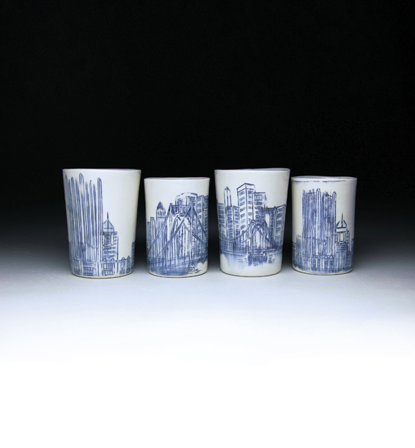 1 Pittsburgh Skyline tumblers, 4¼ in. (11 cm) in height, slip-cast porcelain, underglaze mishima decoration, glaze, fired to cone 10, 2014.
