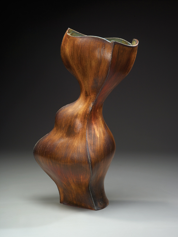 3 Three–sided vase, 23 in. (58 cm) in height, handbuilt stoneware, soda fired, 2013. Photo: Steve Mann.