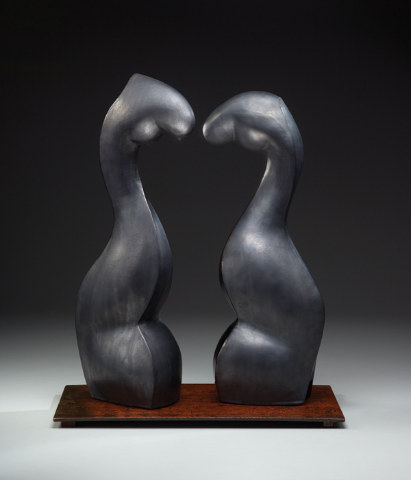 6 Reflection, 23 in. (58 cm) in height, handbuilt earthenware, fired to cone 04, steel base, 2012. Photo: Steve Mann.
