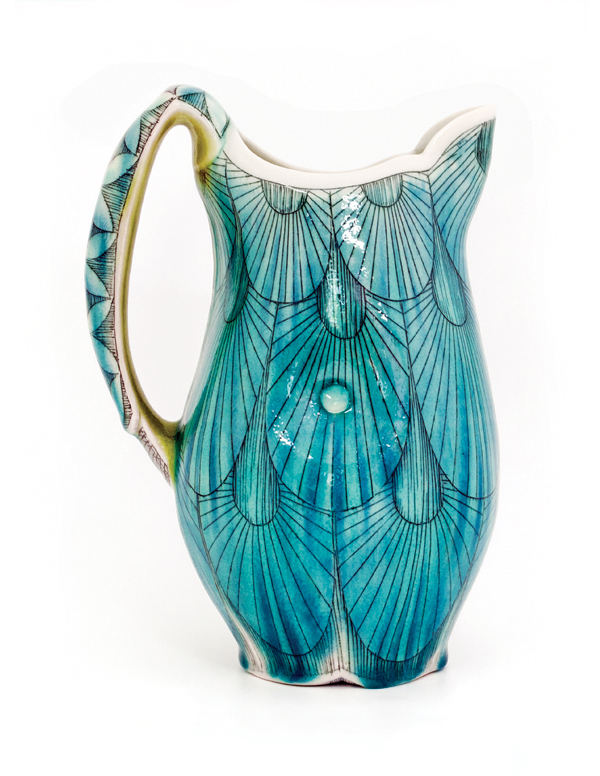 2 Pitcher, 12 in. (30 cm) in height, wheel-thrown English porcelain, inlayed black underglaze, fired to cone 6 in an electric kiln, 2016. 