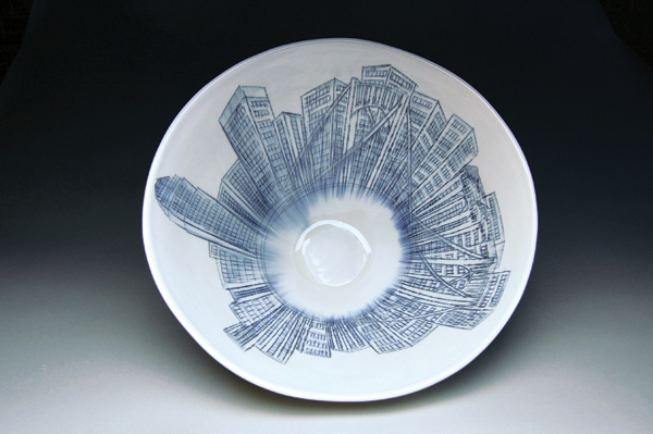3 Cityscape bowl, 13 in. (33 cm) in diameter, are slip-cast porcelain, underglaze mishima decoration, glaze, fired to cone 10, 2014.