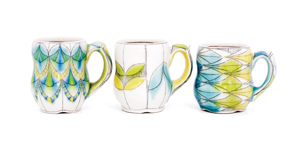 1 Mugs, 4½ in. (11 cm) in height, wheel-thrown English porcelain, hollow handle, inlayed black underglaze, fired to cone 10 in an electric kiln, 2016.