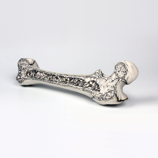 Mallory Wetherell's Cross-Section: Femur, 13 in. (33 cm) in length, handbuilt porcelain, underglaze painting, fired to cone 6, 2014.