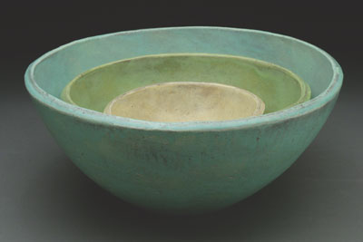 Nesting bowls, to 12½ in. (32 cm) in diameter, handbuilt earthenware, fired to cone 02 in an electric kiln, 2008.