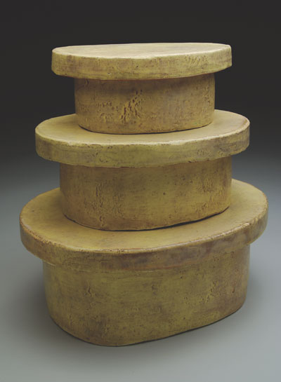 Oval boxes, to 12 in. (30 cm) in length, handbuilt earthenware, fired to cone 02 in an electric kiln, 2008.
