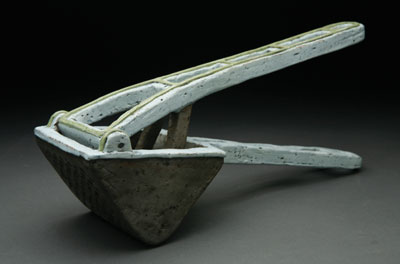 Ricer, 13 in. (33) in length, handbuilt earthenware, terra sigillata and washes, fired to cone 02 in an electric kiln, 2009.