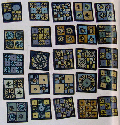 5. When the clay sheet is turned over the black slip delineates the colors. The finished pieces are cut into individual brooches. Each brooch measures approximately 1 1/2 X 1 inch. 
