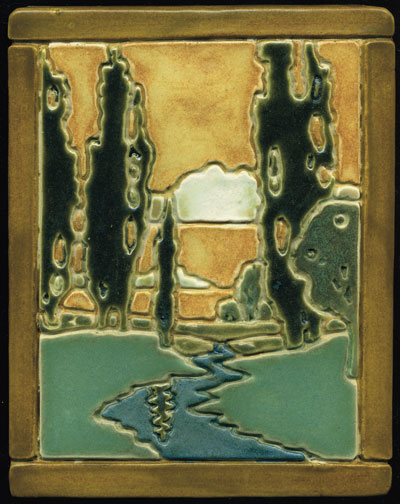 The cone 6 glaze-fired stoneware Idyll tile (10x8 in.), before adding grout to the incised lines.