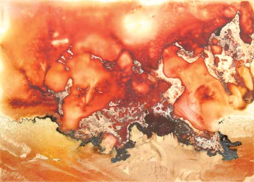 Randy Brodnax’s raku substrate test, raku fired with ferric chloride.
