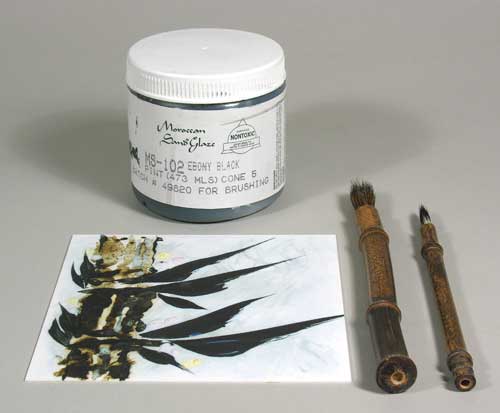 Keral 99 Substrate with scumbled underglaze pencil background and brushwork using Laguna Clay’s Moroccan Sand Oxide Stain Ebony Black MS-102. Fired in oxidation at cone 8.