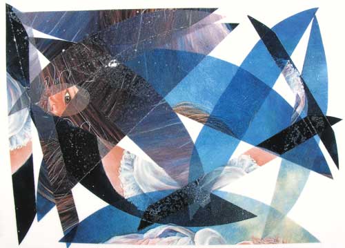 This image shows a montage of an old decal, cut-up, layered and reassembled on the untreated surface. Fired in oxidation at cone 019.