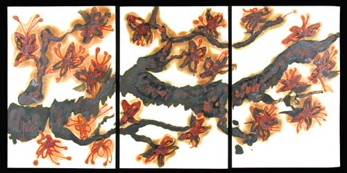 Prunus Triptych, three sheets of untreated substrate with bronze-black pigment brushwork, fired to cone 10 in reduction. Chrome/lead orange glaze applied with a fine trailer and refired to cone 010.