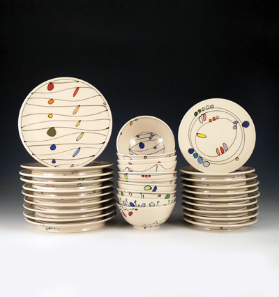 Dinner plates, bowls, and salad plates, to 10½ in. (27 cm) in diameter, porcelain, cone 6 electric, 2010.