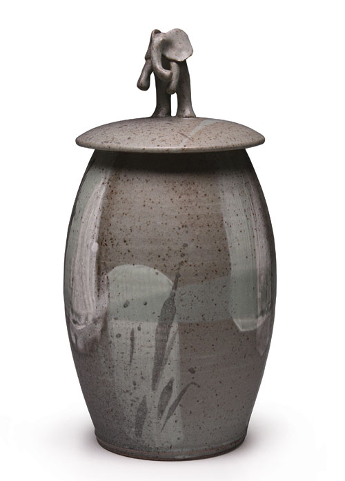 Standing Elephant, 11 in. (28 cm) in height, wheel-thrown stoneware with hand-sculpted handle, by Mea Rhee.
