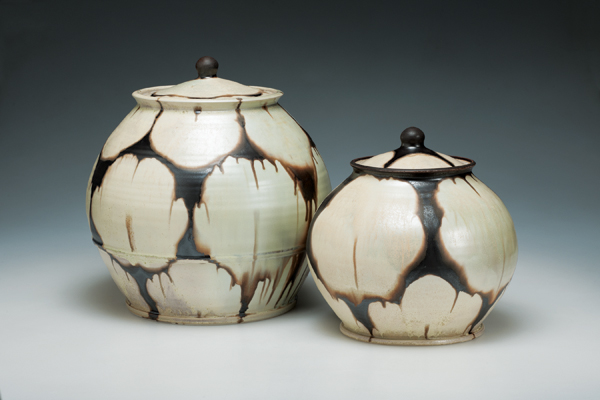 5 Two jars, 15 in. (38 cm) in height, 11½ in. (29 cm) in width, porcelain, polychrome glaze, wood/oil/salt fired, 2012. Photo: Brian Oglesbee.