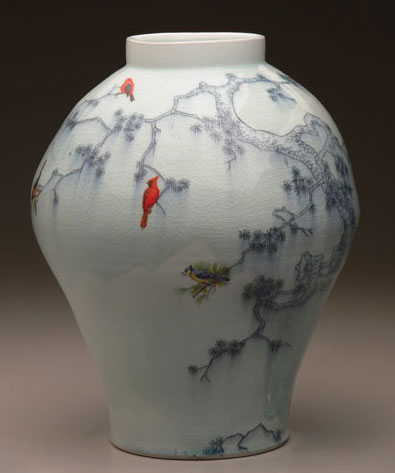 Birds of North America, 18 in. (46 cm) in height, porcelain with inlayed cobalt and decals.