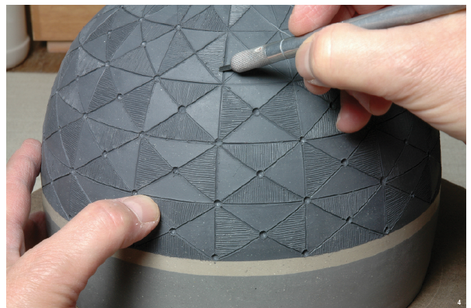 4 Lines are incised using a pin tool and solid areas are etched with a tool made from pieces of serrated ribs inserted into X-Acto blade handles.