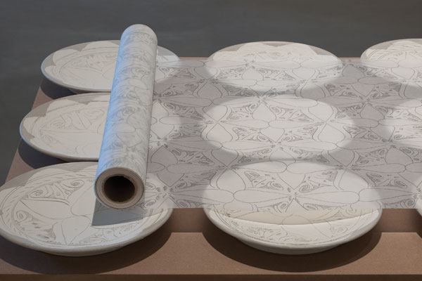 16 Untitled drawing table (detail),10 ft. (3 m) in length, clay, synthetic vellum, pencil, tables 2013. Photo: Brian Oglesbee.