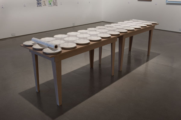 15 Untitled drawing table, 10 ft. (3 m) in length, clay, synthetic vellum, pencil, tables, 2013. Photo: Brian Oglesbee.