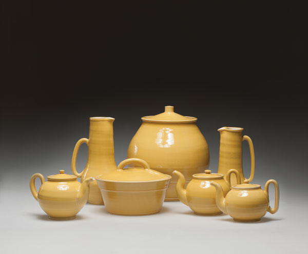 1 Yellow ware group, 28 in. (71 cm) in width, porcelain, monochrome glaze, oxidation firing, 2014. Photo: Brian Oglesbee.