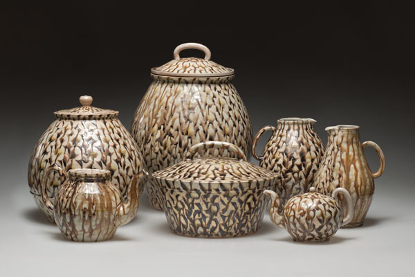14 Yellow tortoise group, 28 in. (71 cm) in width, porcelain, polychrome glaze, wood/oil/salt fired, 2014. Photo: Brian Oglesbee.