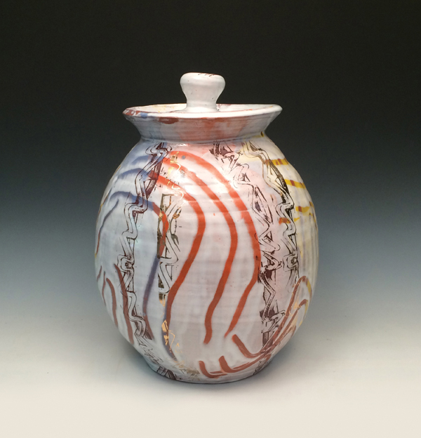 Vessel, 14 in. (36 cm) in height, earthenware vessel, finger-painted glazed surface with custom-made finger-painting patterned iron and gold decals, fired four times, 2015.