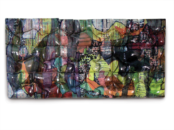 6 Margaret Gormley’s Wall Piece #1, 2 ft. 9 in. (85 cm) in length, slip-cast white stoneware, underglaze, glaze, fired to cone 3, 2014.