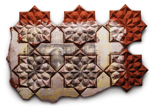 1 James Mitschmyer’s I Fight Fire with Words, 2 ft. 4 in. (71 cm) in length, ram-pressed terra cotta, slip, screen-printed underglaze, oxidation fired to cone 2, 2013.