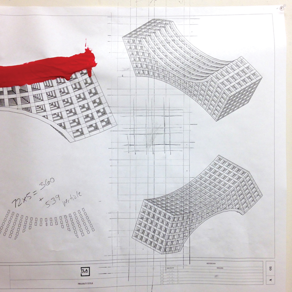 Working sketch, laser-printed digital drawing using SketchUp, paint, pencil, 36 in. (91 cm) in length, 2014.