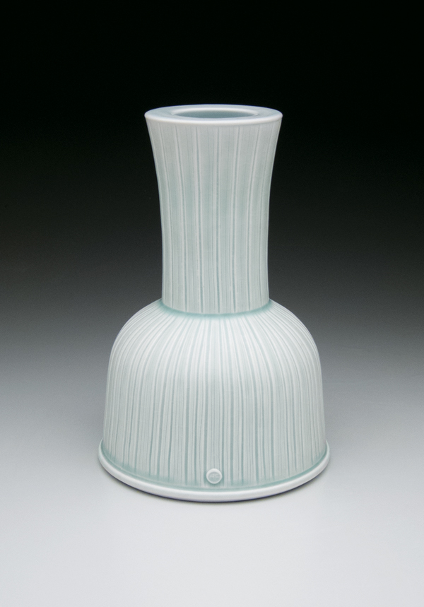 2 Vase, 14 in. (36 cm) in height, wheel-thrown porcelain, carved pattern, celadon glazes, fired in reduction to cone 10, 2014.
