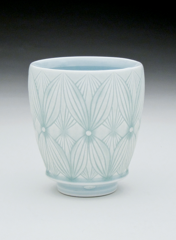 3 Rocks cup, 4 in. (11 cm) in height, wheelthrown porcelain, carved pattern, celadon glazes, fired in reduction to cone 10, 2014.