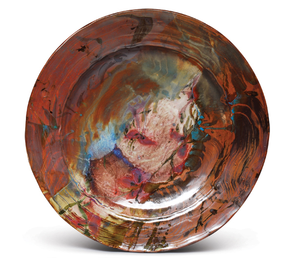 7 Plate, 21 in. (53 cm) in diameter, wheelthrown stoneware, slip, multiple glazes, fired to cone 10 in reduction, 2007.