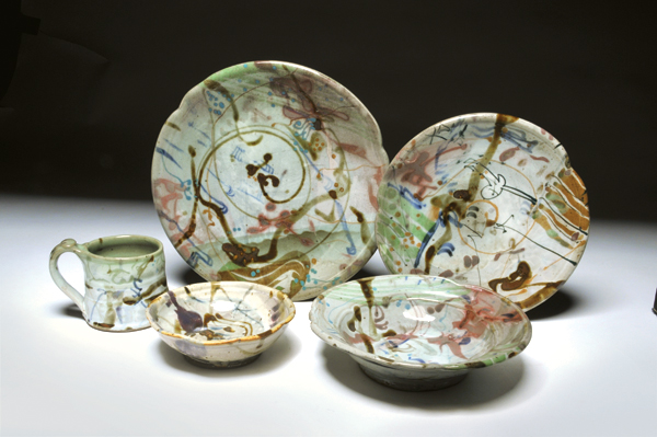 5 Dinnerware set, to 11 in. (28 cm) in diameter, stoneware, multiple slips and glazes, reduction fired to cone 10, 2013.