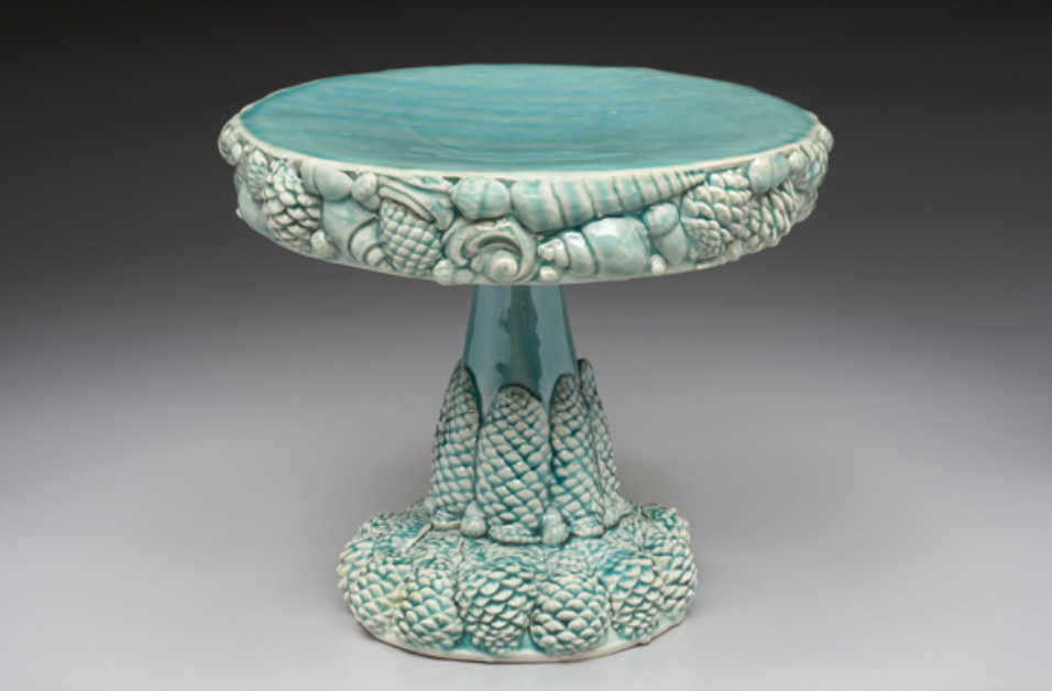 Cake stand, 10 in. (25 cm) in height, porcelain, slab and sprig built, fired to cone 6, 2016.