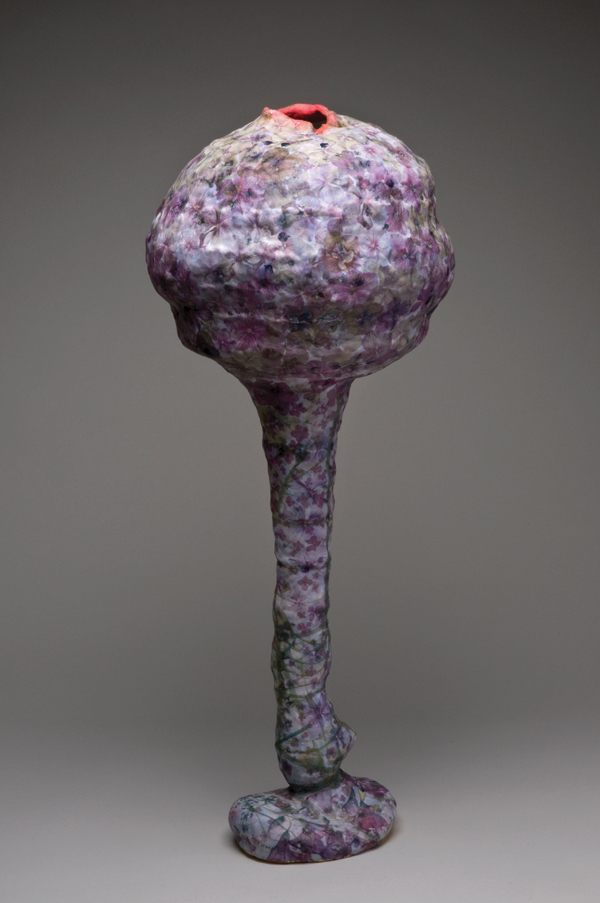 3 Vase sculpture with hydrangea petals and blackcurrants, 23 in. (59 cm) in height, coiled porcelain, slips, transfers, gold leaf, 2016.